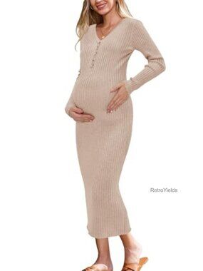 Wool Blend Maternity Sweater Dress Button V-Neck Bodycon Fall Baby Shower